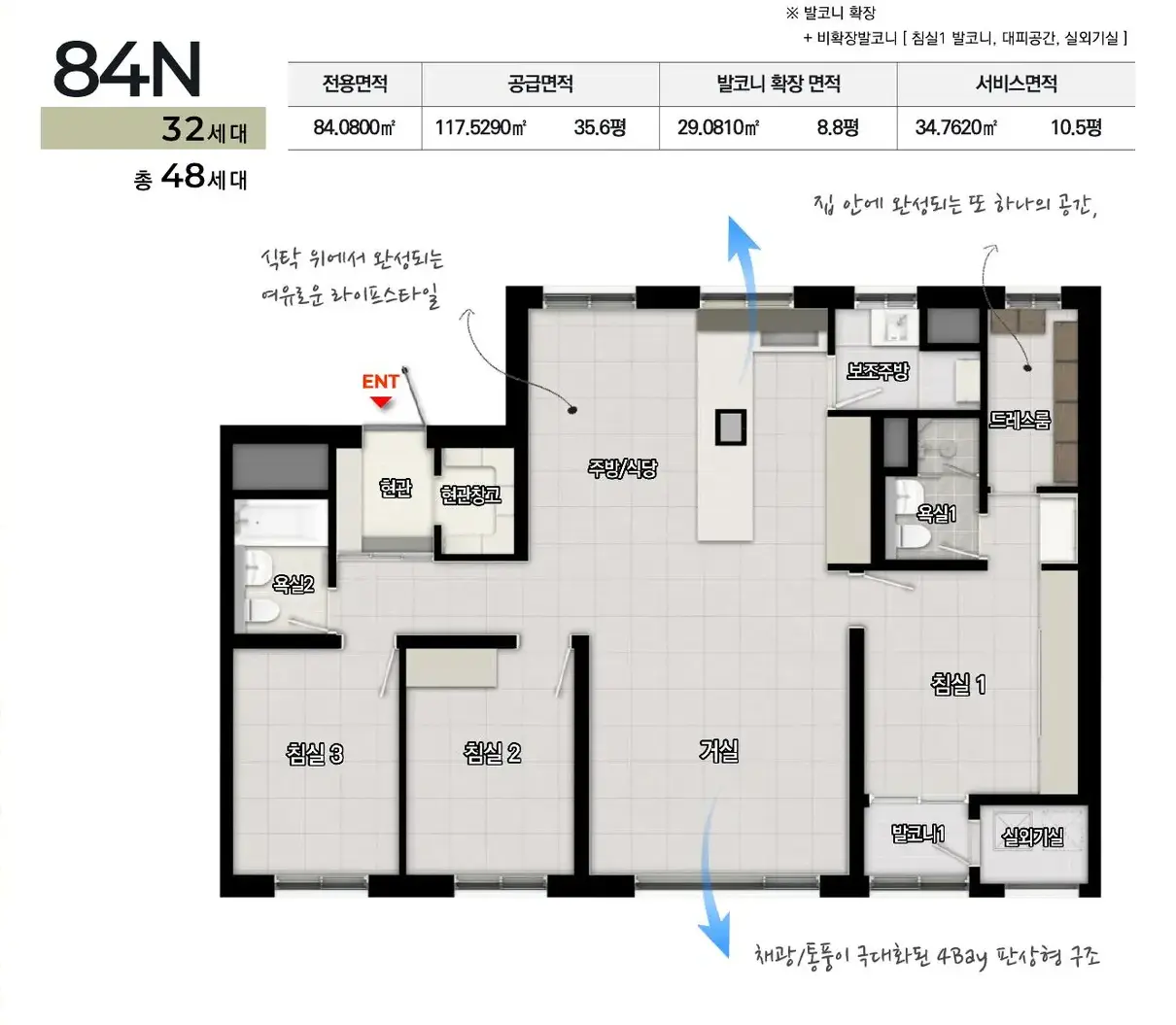 더샵 분당센트로 84N 타입 방 거실 주방 평면도